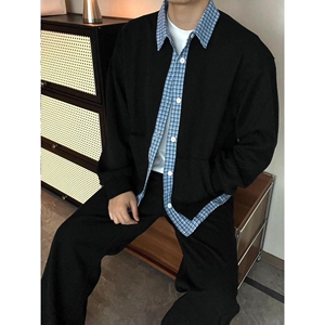 1506/Q82840/P50假两件格子情侣装衬衫领卫衣休闲百搭外套图片