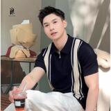 1506/QB2990/P49撞色条纹翻领POLO衫男高品质冰丝针织短袖t恤，男装T恤，星座1506