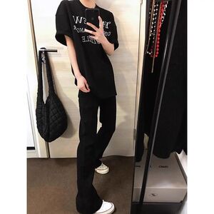 1506/Q10170/P30怪兽黑色微喇弯刀牛仔裤男裤子修身直筒裤图片