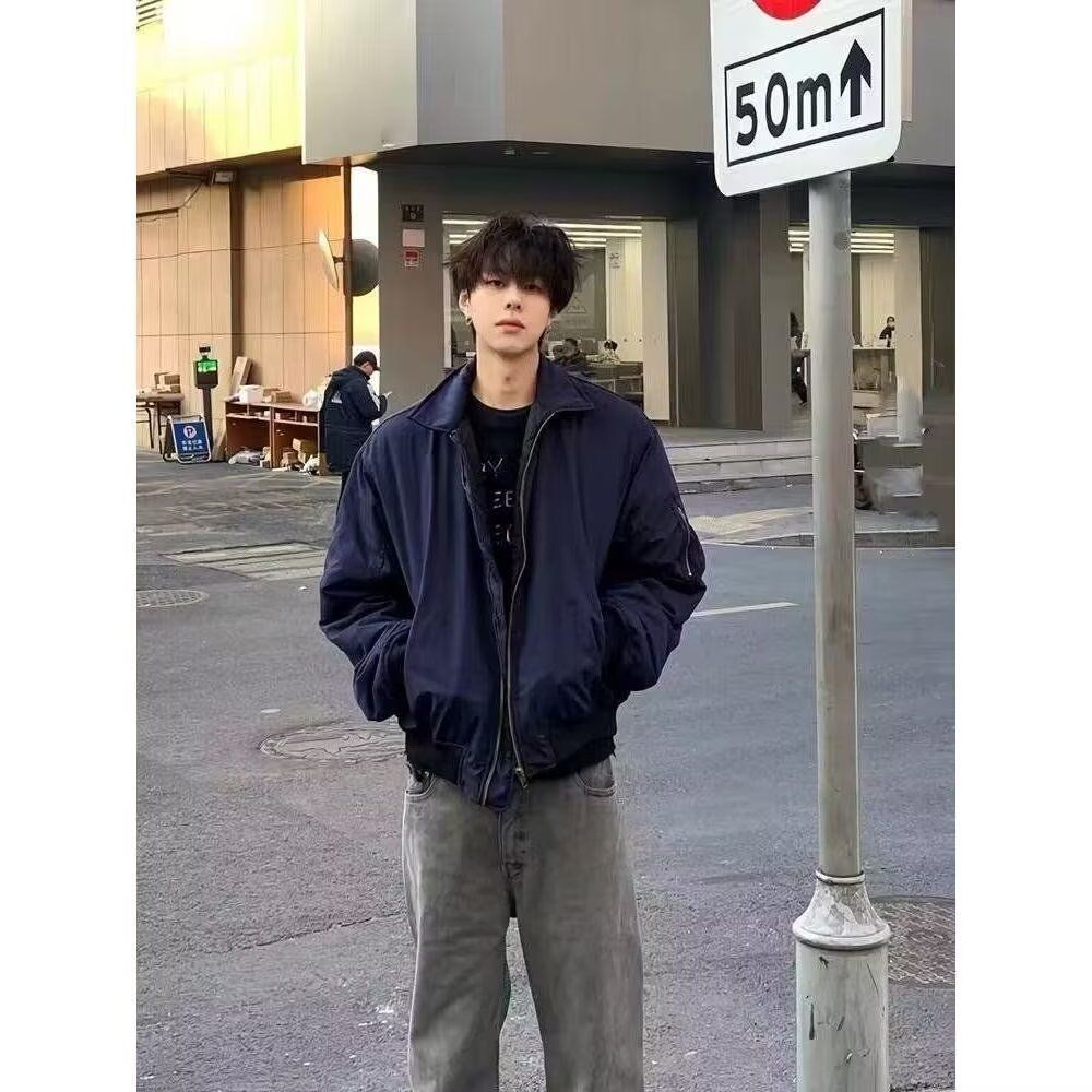 1506/QWT900/P66复古藏青色飞行夹克外套男潮牌翻领短款棒球服图片