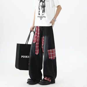 1506/Q66410/P56格子拼贴牛仔裤男女黑色水洗宽松垂感休闲长裤图片