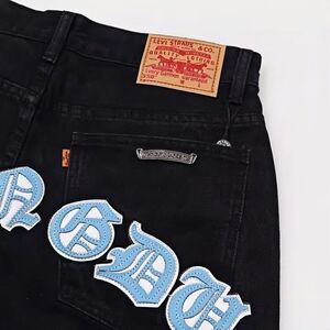 1506/Q21460/P44高街美式复古十字架黑色牛仔裤宽松微喇叭裤子1图片