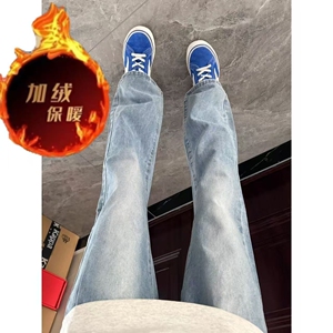 1506/Q52021加绒0/P45美式牛仔裤男修身显瘦复古冬季加绒微喇裤1图片