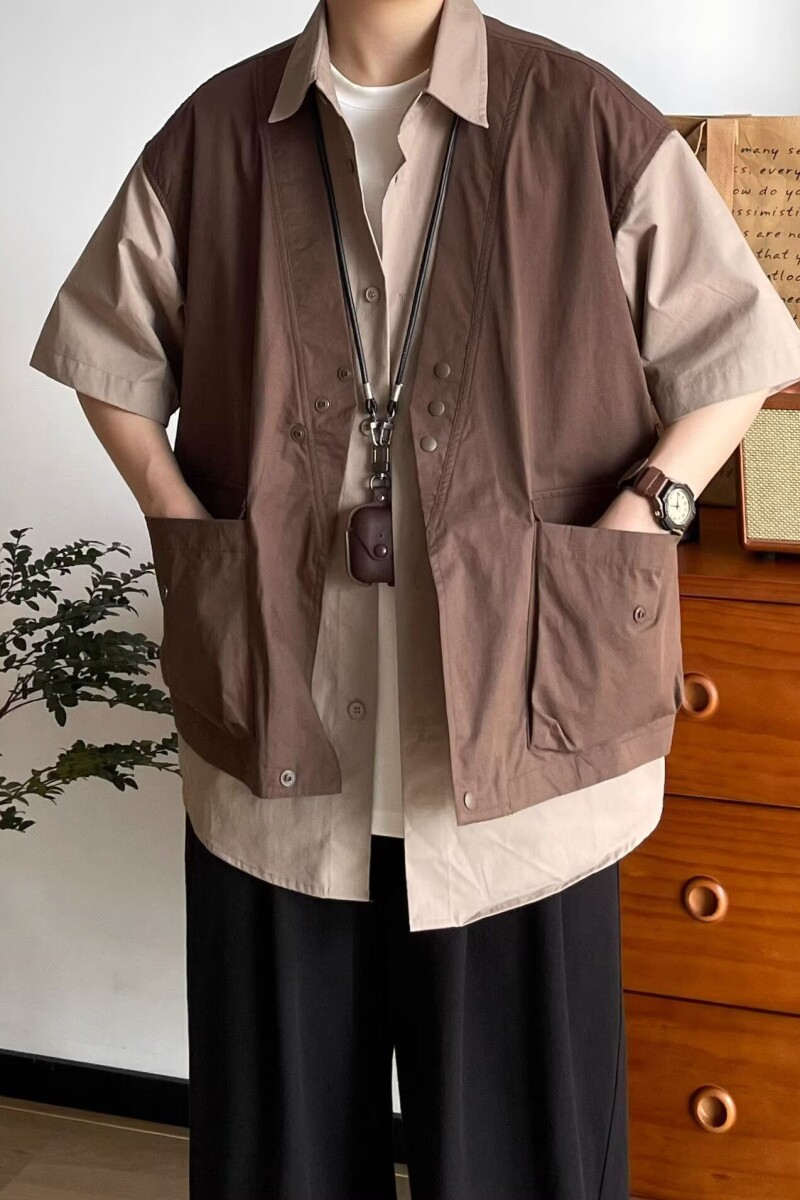 1506/QJ390/P46日系男复古撞色拼接假两件工装短袖衬衫男女衬衣,男装T恤,星座1506