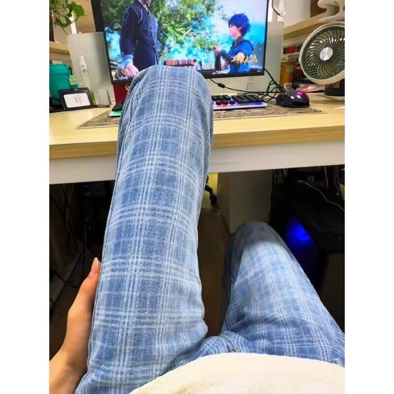 1506/QK390/P52格子拼接阔腿牛仔裤高腰遮胯显瘦直筒休闲长裤图片
