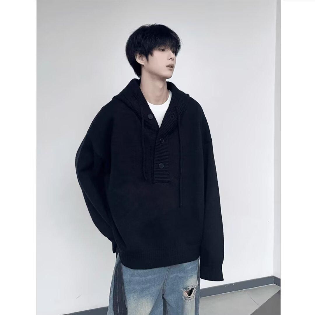 1506/QL1050/P57半开衫连帽纽扣毛衣男女秋冬宽松情侣针织衫外套,男装针织衫/毛衣,星座1506