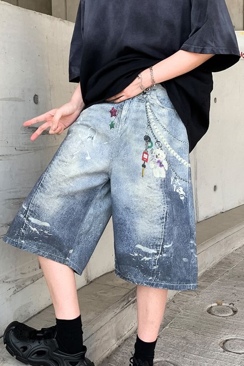 1506/QB1610/P54满印挂饰阔腿七分牛仔裤男夏中裤宽松五分短裤,男装牛仔裤,星座1506