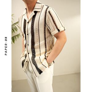 1506/QA67330/P48夏季轻薄镂空撞色短袖衬衫男女宽松潮牌衬衣图片