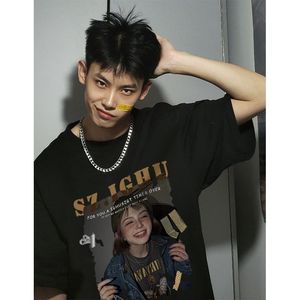 1506/QT4040/P34欧美复古油画印花短袖男街头嘻哈宽松学院风T恤图片