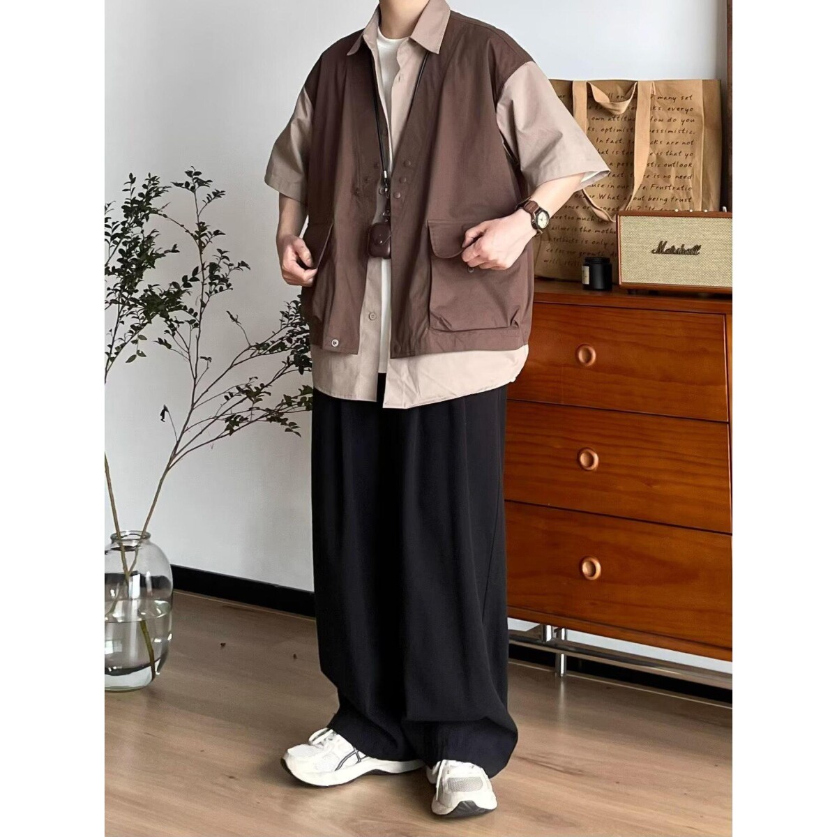 1506/QJ390/P46日系男复古撞色拼接假两件工装短袖衬衫男女衬衣,男装T恤,星座1506