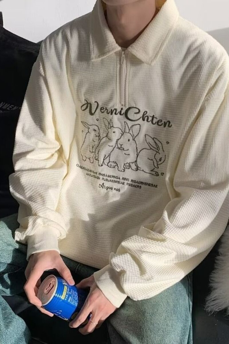 1506/Q1050/P34潮牌兔子刺绣长袖polo衫男秋华夫格情侣学院风卫衣,男装Polo衫,星座1506