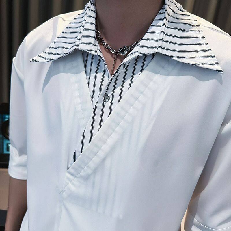 1506/QA67380/P41衬衫男短袖假两件条纹七分袖2025冰丝衣服男装,男装T恤,星座1506