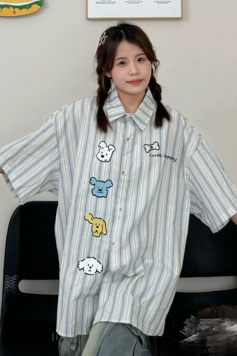 1506/Q215/P48可爱刺绣短袖衬衫男女夏季宽松休闲情侣装百搭衬衣,男装T恤,星座1506