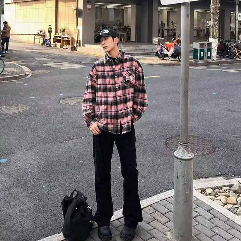 1506/QC590/P36美式复古黑粉拼接格子衬衫男女潮牌宽松刺绣衬衣图片