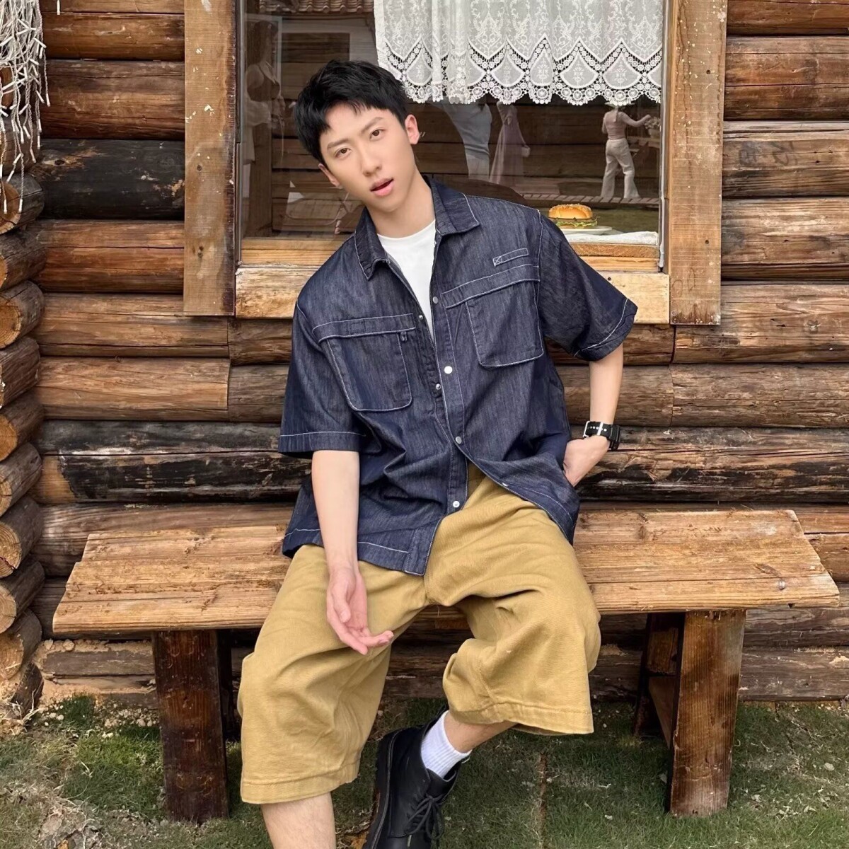 1506/QC1510/P54夏季男士工装牛仔短袖日系百搭衬衣宽松复古衬衫,男装T恤,星座1506