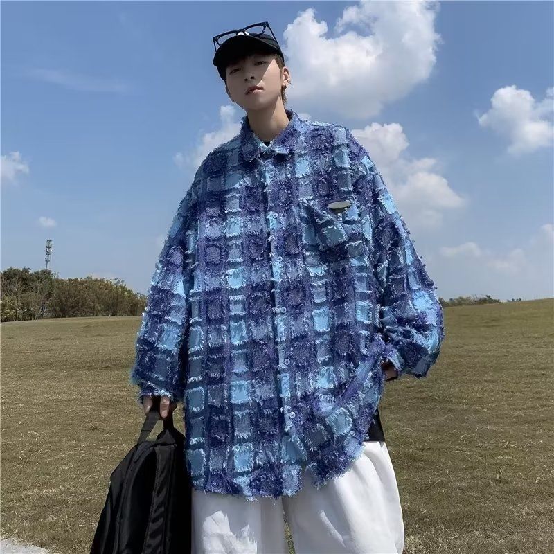 1506/QC2220/P4流苏格纹长袖衬衫秋冬季潮流高级感男士外套2,男装衬衫,星座1506