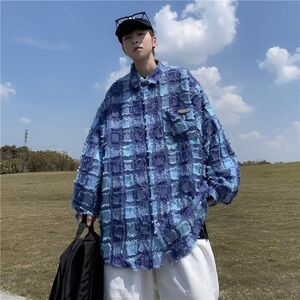 1506/QC2220/P4流苏格纹长袖衬衫秋冬季潮流高级感男士外套2图片