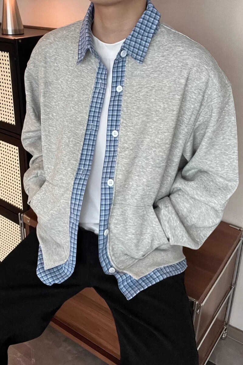1506/Q82840/P50假两件格子情侣装衬衫领卫衣休闲百搭外套1,男装衬衫,星座1506