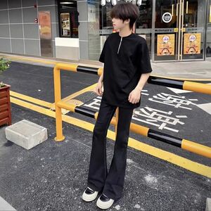 1506/Q10170/P30黑色牛仔裤男夏薄款微喇裤子高街显腿长弯刀裤图片