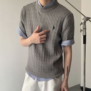 1506/Q8450/P49刺绣小马标老钱风潮男冰丝凉感针织衫T恤扭绳短袖图片