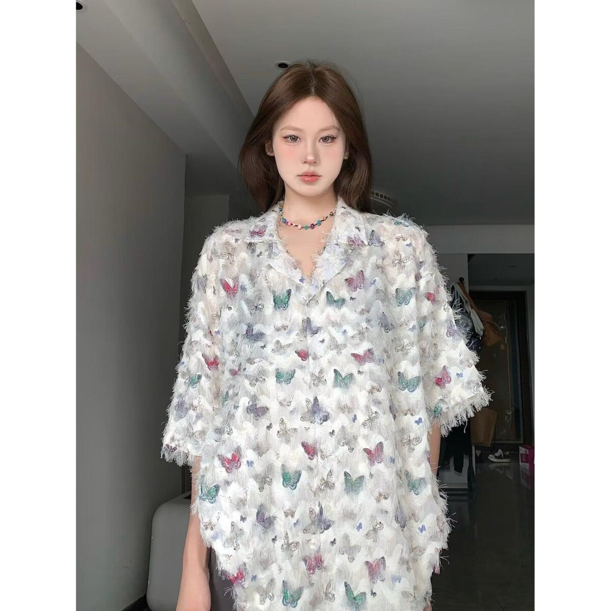 1506/Q288/P46潮情侣美式金属标流苏蝴蝶短袖衬衫宽松休闲衬衣,男装T恤,星座1506