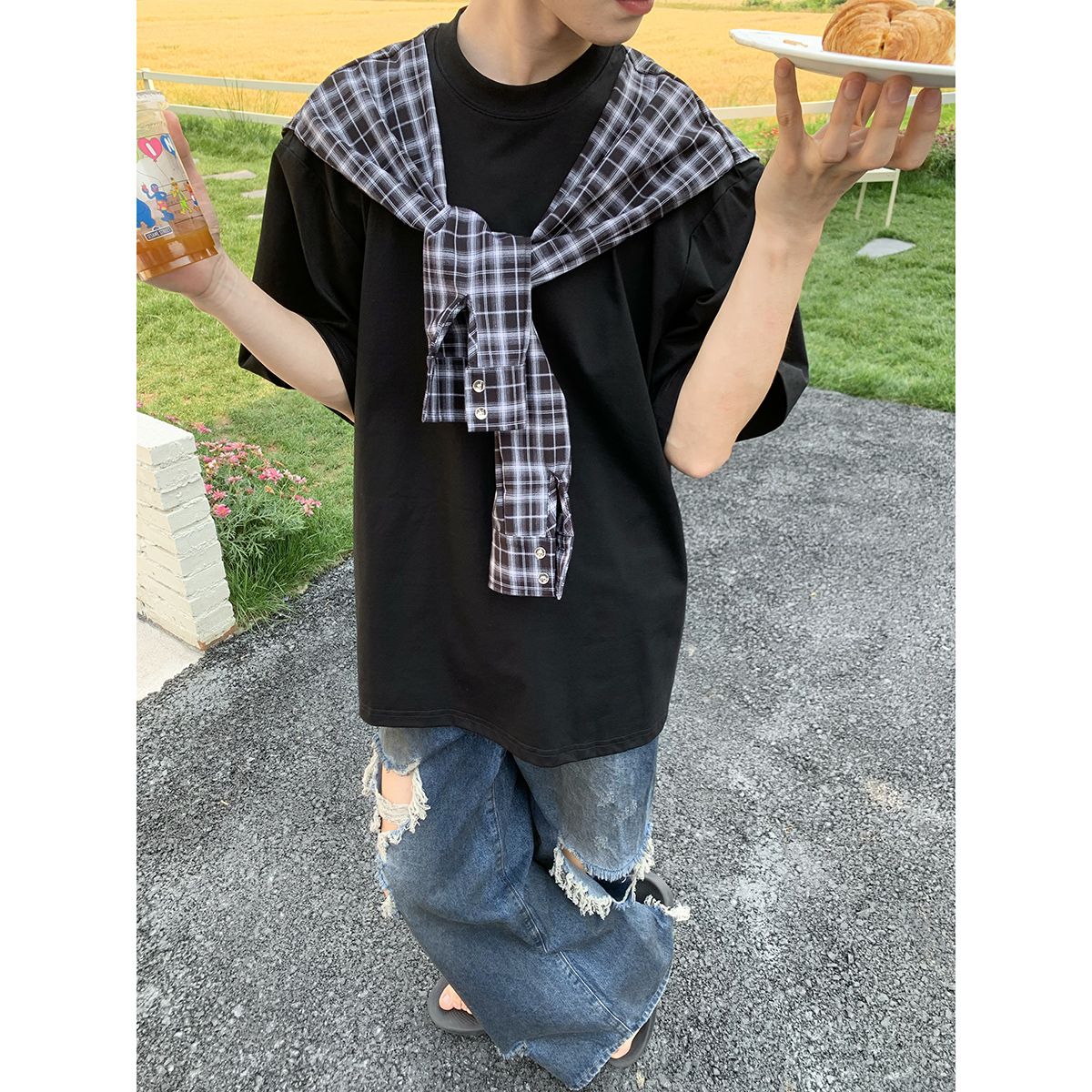 1506/Q193/P46韩版假两件格子披肩短袖T恤夏宽松男女同款情侣1图片