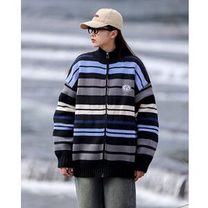 1506/Q16030/P52复古条纹针织衫男生秋季潮牌宽松加厚情侣毛衣3图片