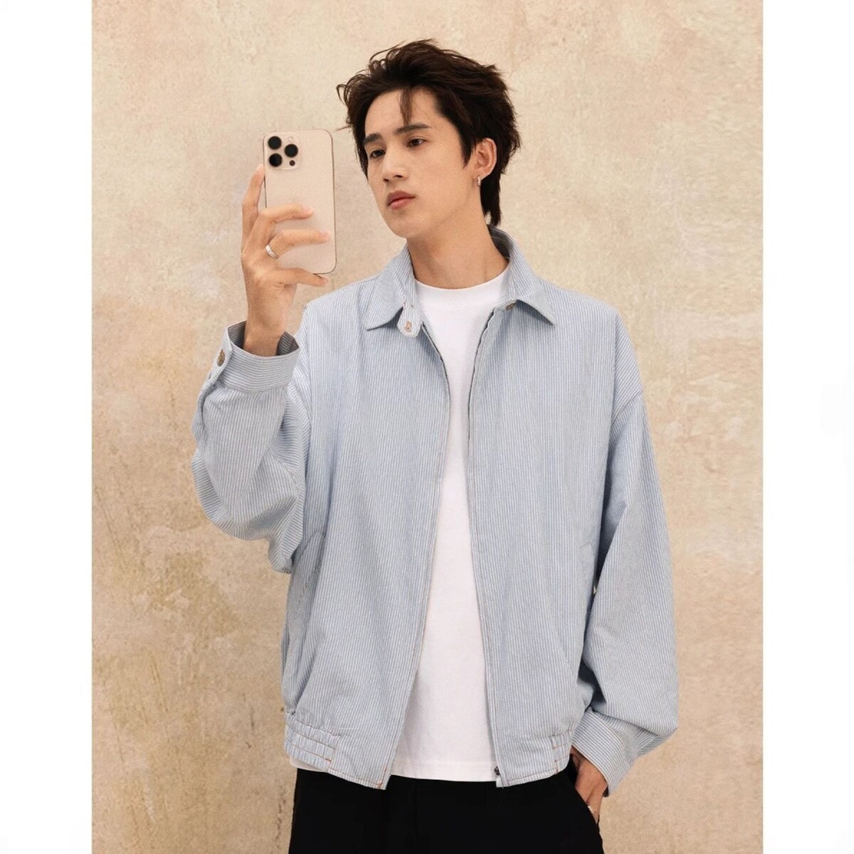 蓝白条纹短款外套男款cleanfit欧若风高级感拉链衬衫正肩翻领夹克，男装夹克，星座1506
