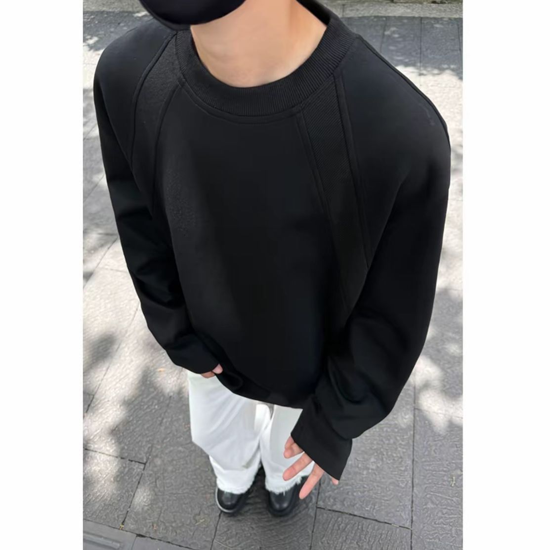 1506/QCX 740/P30嘿马七作美式复古夏季男款休闲圆领分割长袖上衣图片