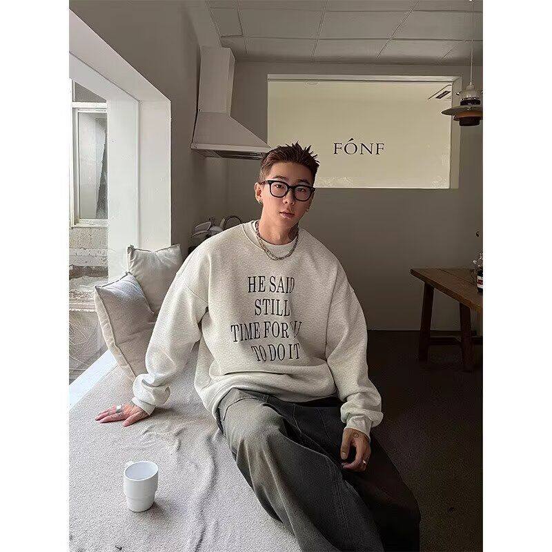 1506/QK236加绒0/P28美式字母标语印花圆领卫衣男加绒休闲上衣,男装卫衣,星座1506