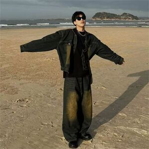 1506/Q274/P52美式复古牛仔夹克水洗做旧潮牌日系高街慵懒痞帅男图片