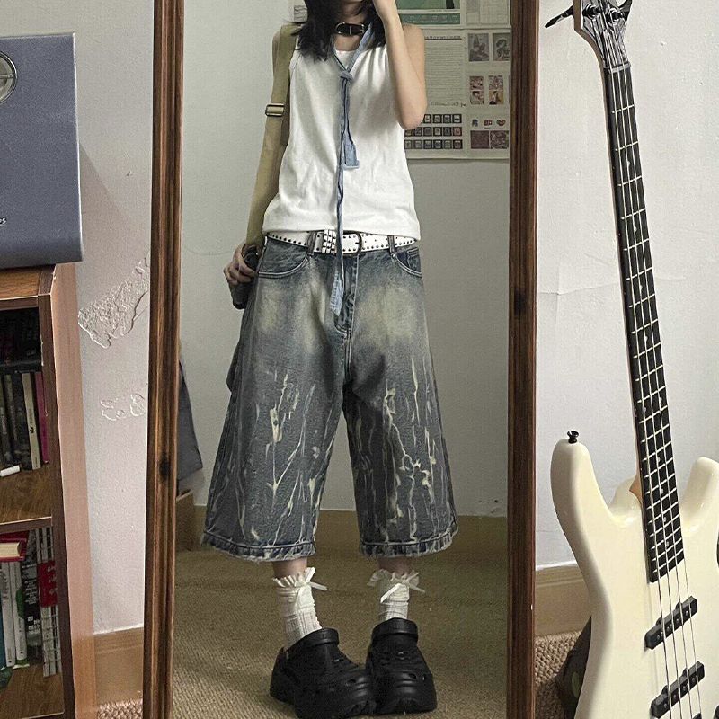 1506/QK11130/P43美式水洗闪电纹七分牛仔短裤男女宽松阔腿裤中裤,男装牛仔裤,星座1506