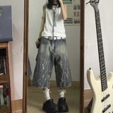 1506/QK11130/P43美式水洗闪电纹七分牛仔短裤男女宽松阔腿裤中裤，男装牛仔裤，星座1506