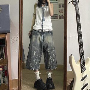 1506/QK11130/P43美式水洗闪电纹七分牛仔短裤男女宽松阔腿裤中裤图片