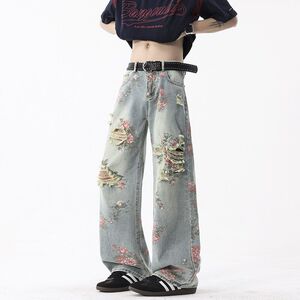 1506/Q279/P52美式复古玫瑰破洞牛仔裤男夏潮裤子满印直筒长裤图片