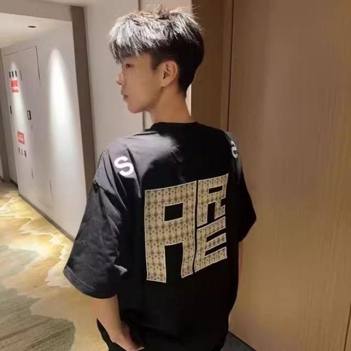 1506/QT11430/P40个性刺绣宽松短袖男女情侣T恤半袖上衣ins百搭图片