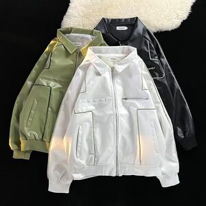 1506/QA99双层PU皮0/P59美式复古白色皮衣外套男春秋炸街潮2