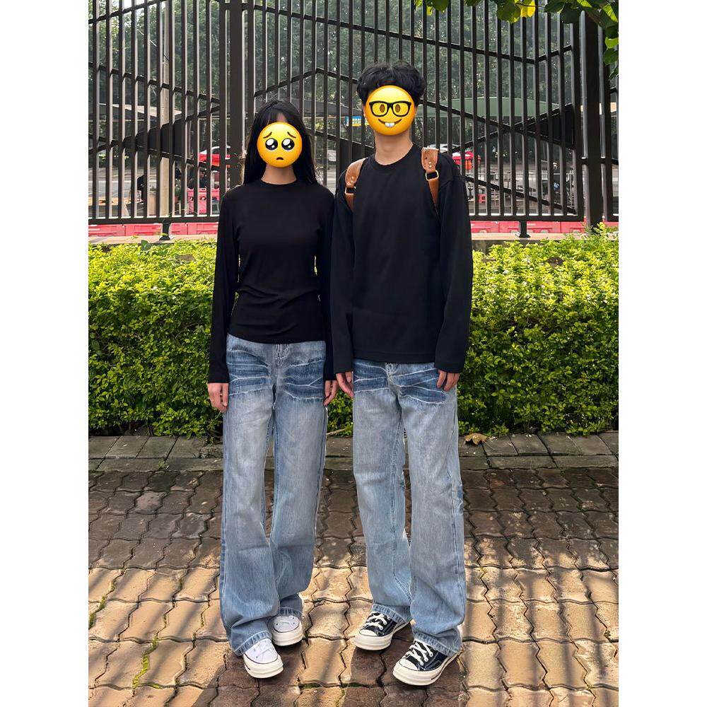 1506/QT89100/P47浅色磨白闪电竹节纹牛仔裤直筒拖地男女款1,男装牛仔裤,星座1506