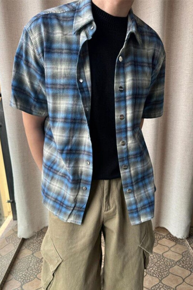 1506/Q44020/P38复古格子短袖衬衫男夏季薄款宽松情侣衬衣外套,男装T恤,星座1506