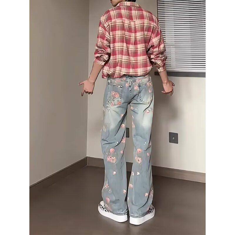 1506/QA0980/P51满印玫瑰花朵牛仔裤男复古裤子慵懒风阔腿微喇裤,男装牛仔裤,星座1506