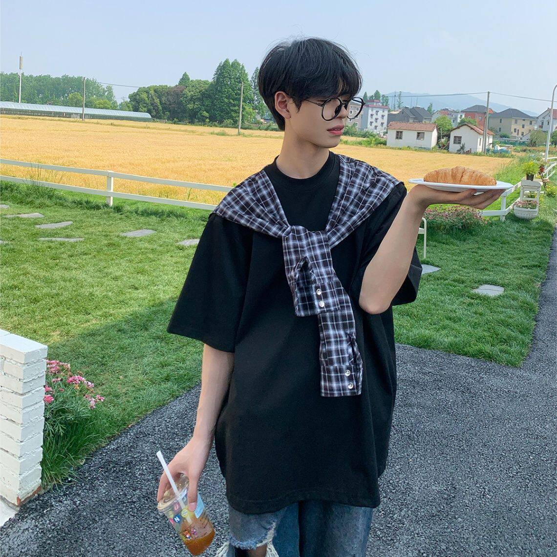 1506/Q193/P46韩版假两件格子披肩短袖T恤夏宽松男女同款情侣1图片