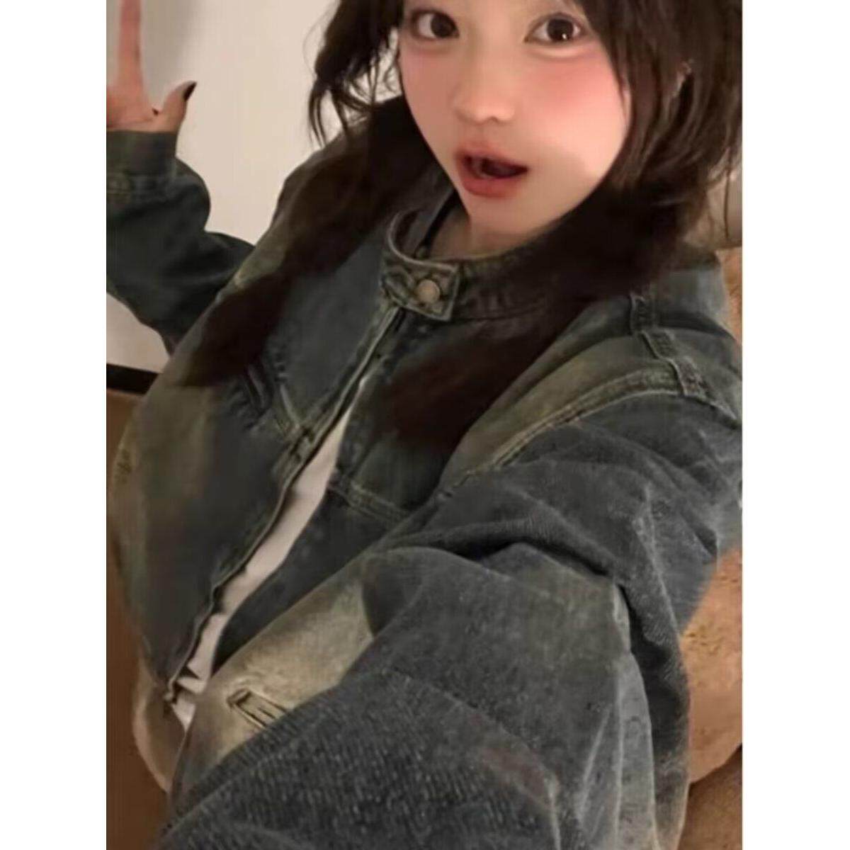 1506/Q88360/P67美式做旧牛仔短外套女秋冬新款小众复古宽松夹克,女装短外套,星座1506
