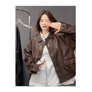 1506/QY020/P59皮衣女秋翻领休闲长袖宽松短外套机车服pu皮夹克1图片