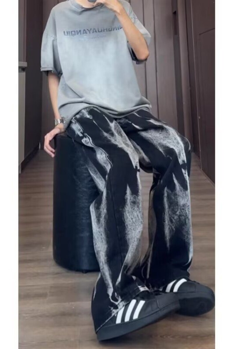 1506/QA0690/P49高街牛仔裤扎染百搭潮牌微喇阔腿裤子男秋季宽松,男装牛仔裤,星座1506