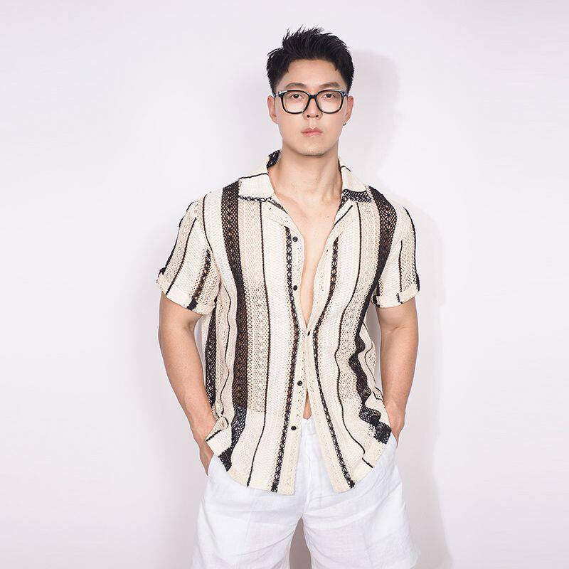 1506/QA67330/P48夏季轻薄镂空撞色短袖衬衫女小众宽松潮牌衬衣，男装T恤，星座1506