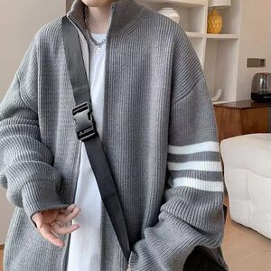 1506/QY780/P56双拉链立领开衫毛衣男秋冬外套宽松三条杠针织衫1图片