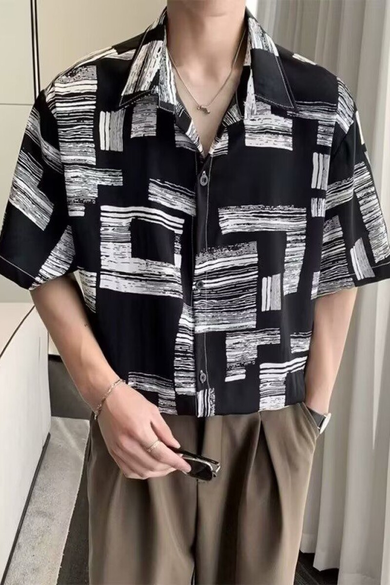 1506/QCS090/P29高品质短袖衬衫男夏冰丝度假花衬衣条纹宽松半袖,男装衬衫,星座1506