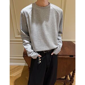 1506/QCX40-10/P30美式秋季潮流纯色长袖男宽松圆领正肩百搭上衣3