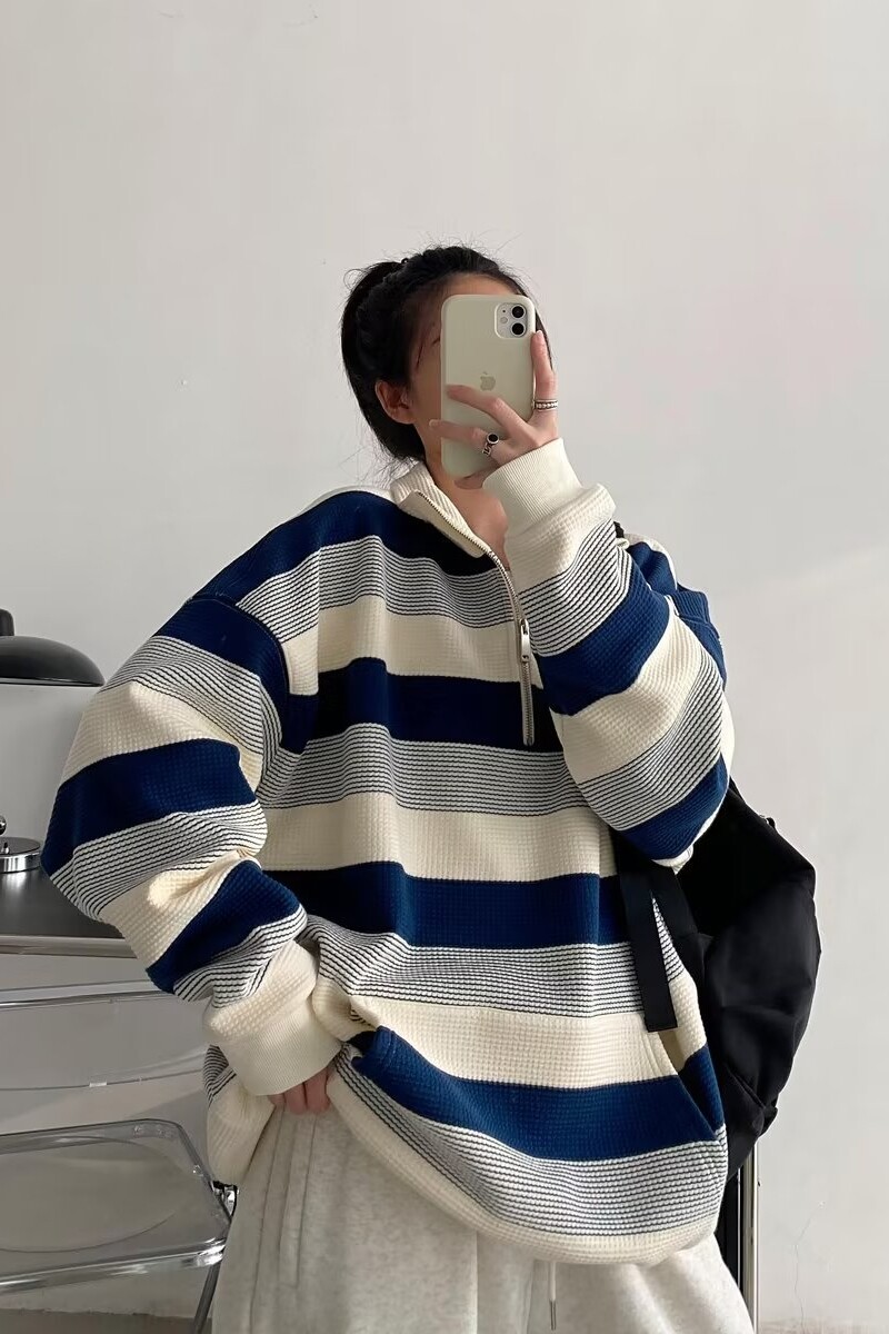 1506/Q88050/P56复古oversize条纹卫衣女秋季宽松bf长袖上衣1,男装卫衣,星座1506
