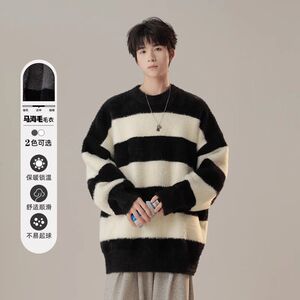 1506/QM010/P55棉致毛衣男秋冬季条纹情侣高级慵懒马海毛针织衫2图片